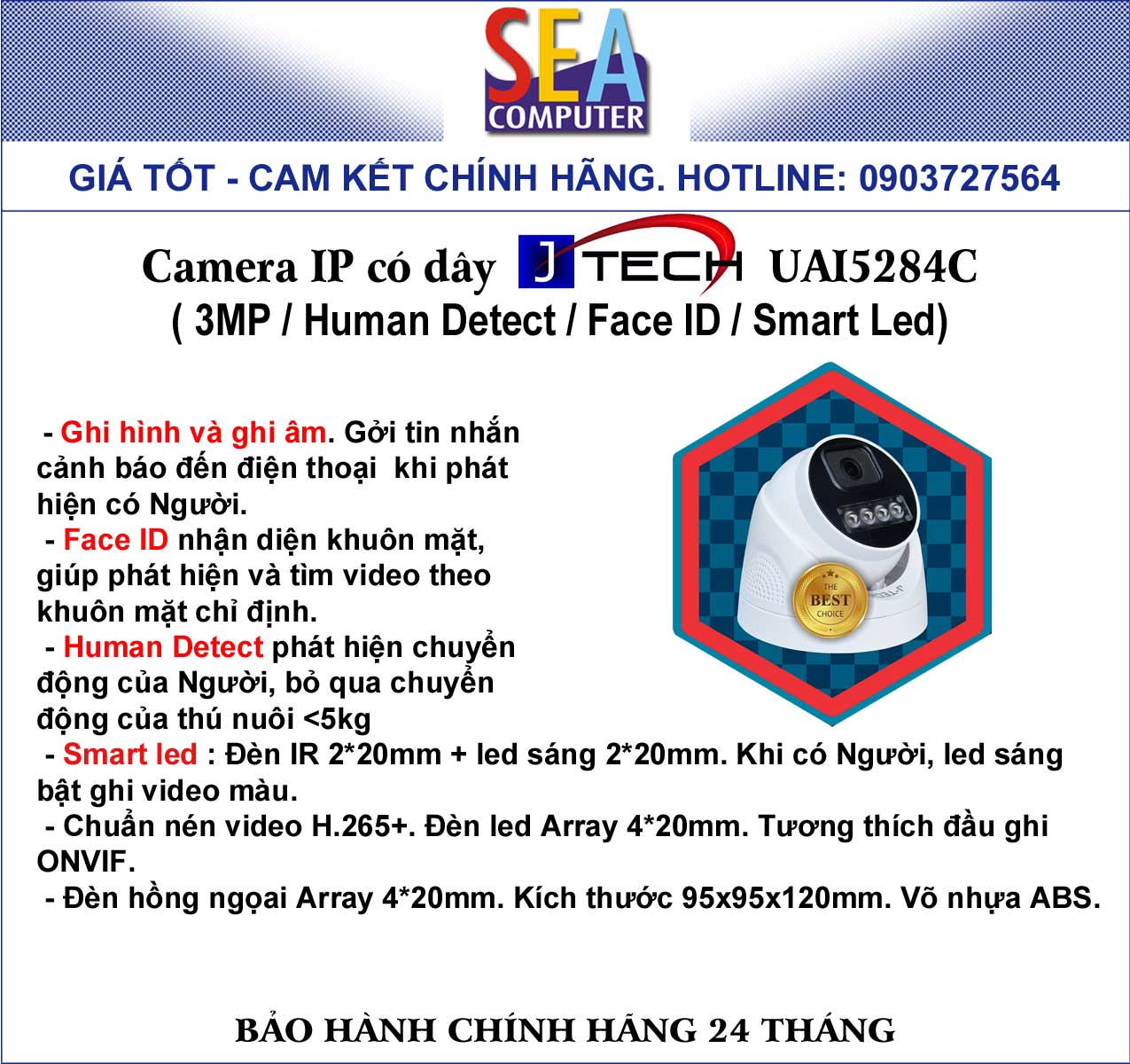 Camera IP có dây J-TECH 3MP / Human Detect / Face ID / Smart Led - UAI5284C
