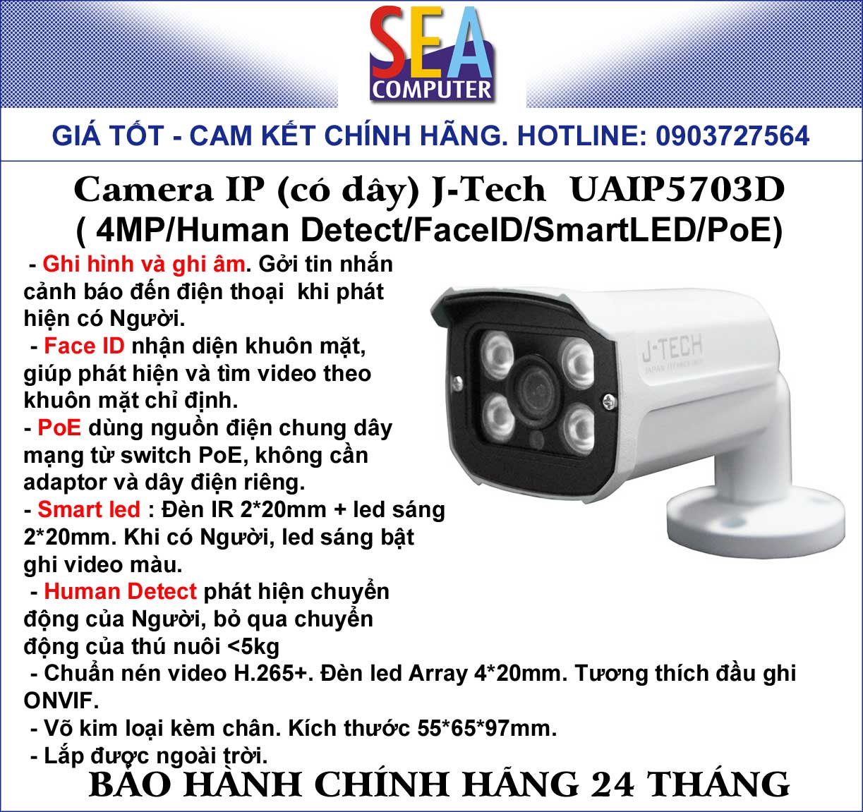 Camera quan sát ngoài trời (có dây) J-tech IP 4.0MP - Face ID, Human detect - UAIP5703D