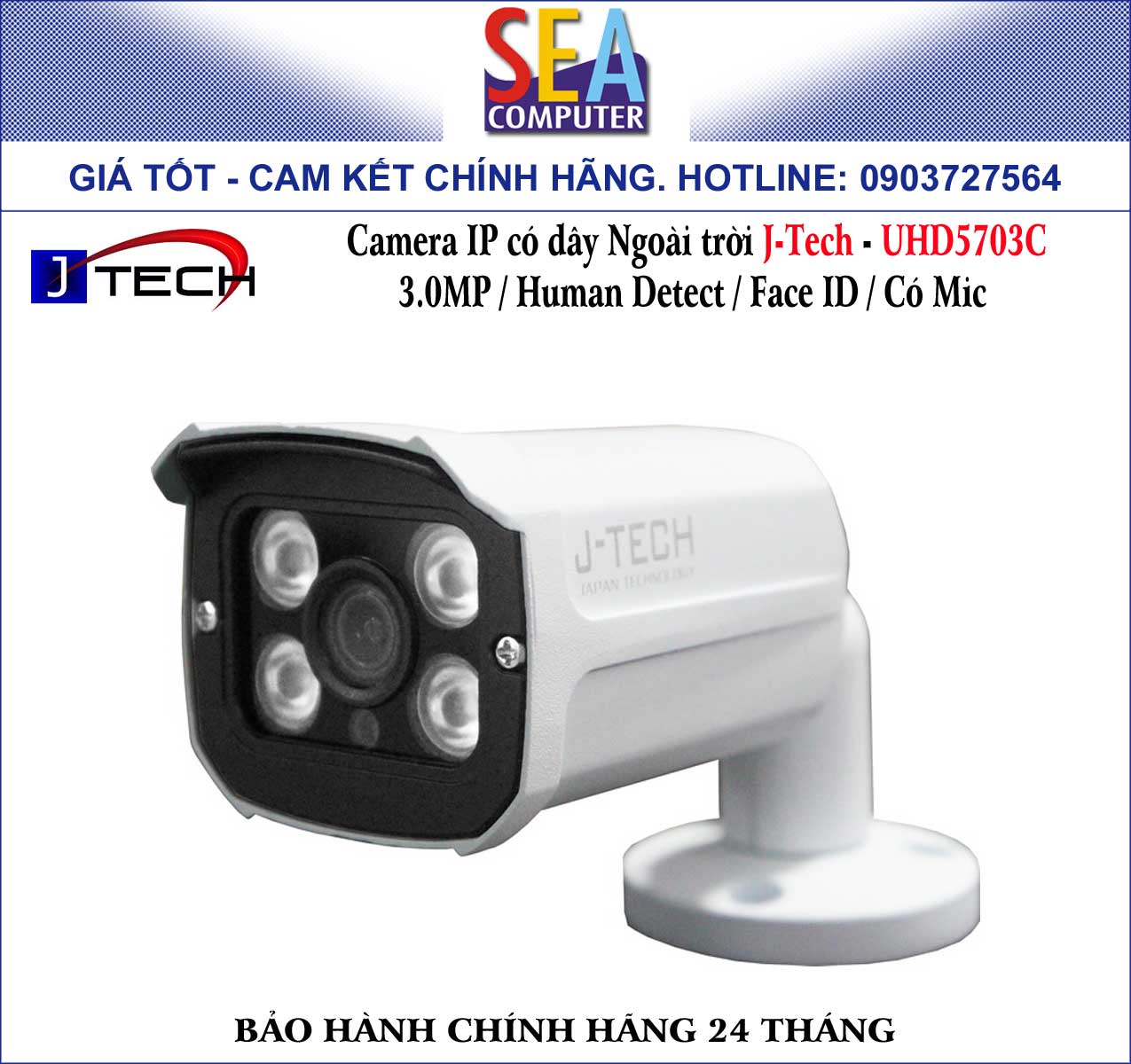 Camera IP J-tech quan sát ngoài trời (có dây) 3.0MP - Face ID, Human detect - UHD5703C