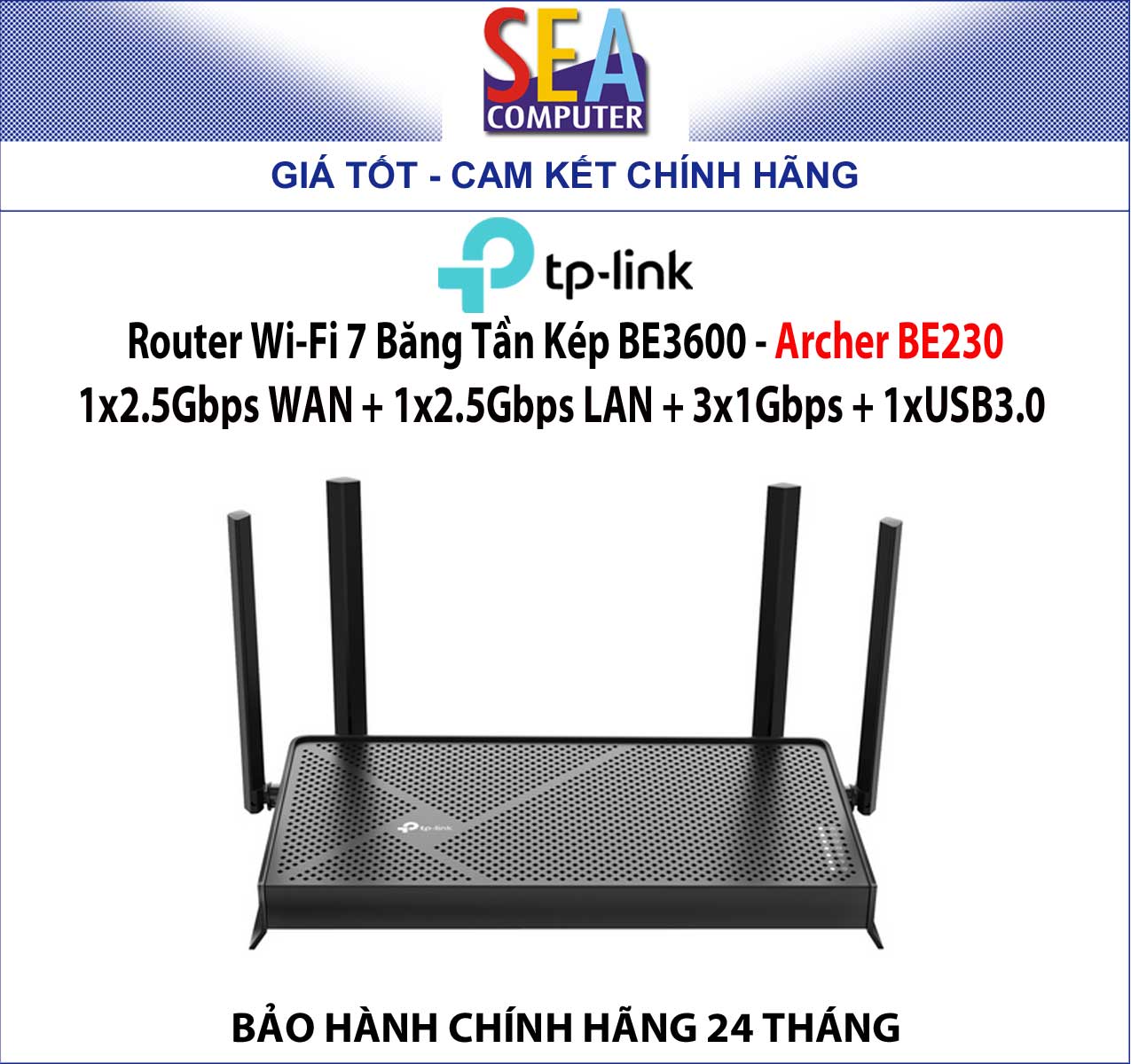 TP-LINK Router Wi-Fi 7 Băng Tần Kép BE3600, 2 Cổng 2.5Gbps - Archer BE230