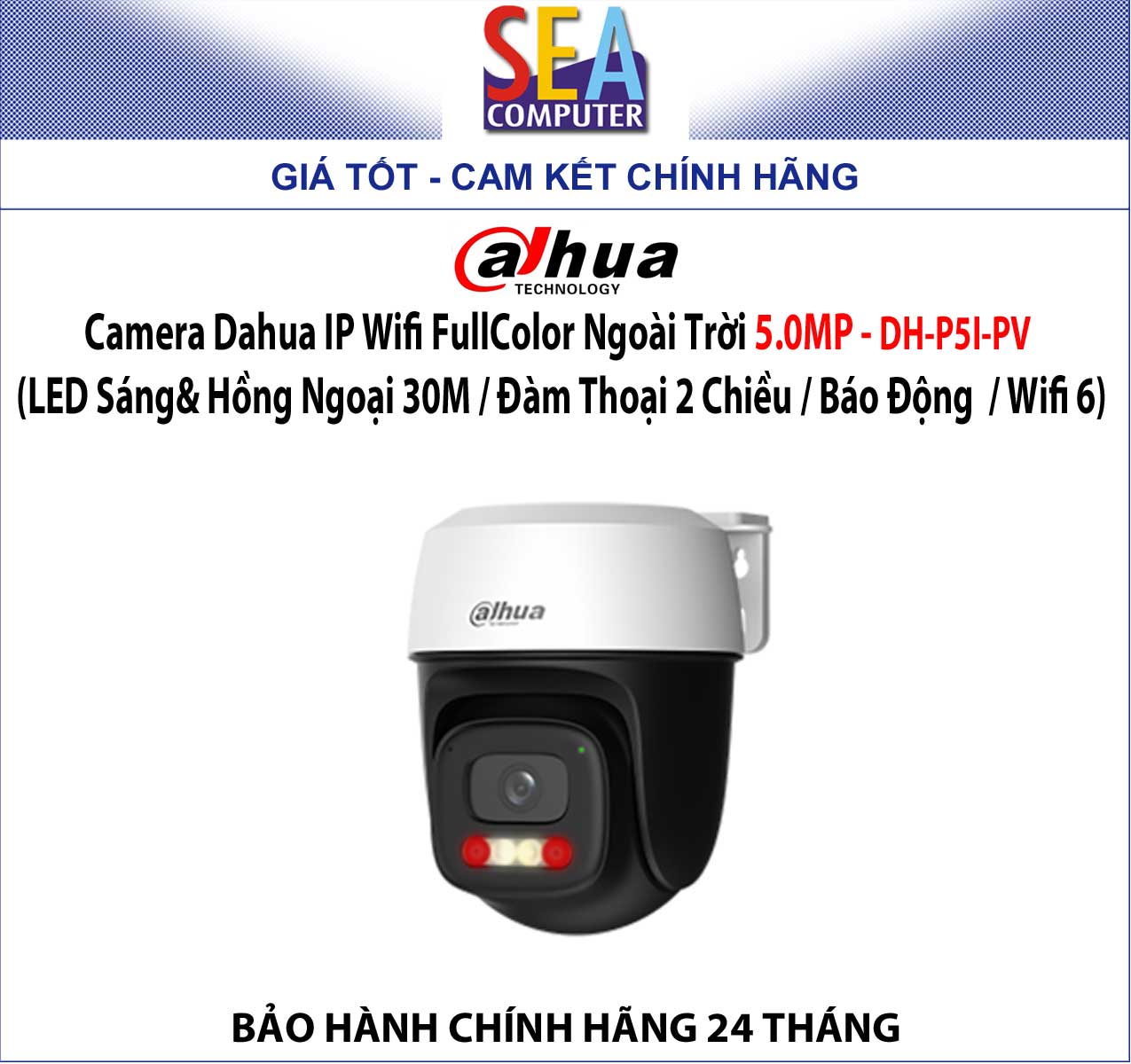 Camera Dahua IP Wifi FullColor Ngoài Trời 5.0MP - DH-P5I-PV  (LED Sáng& Hồng Ngoại 30M / Đàm Thoại 2 Chiều / Báo Động  / Wifi 6)