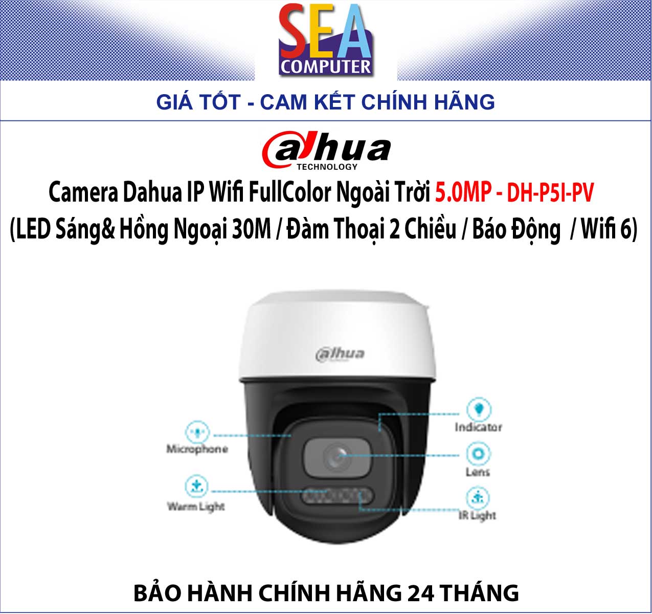 Camera Dahua IP Wifi FullColor Ngoài Trời 5.0MP - DH-P5I-PV (LED Sáng& Hồng Ngoại 30M / Đàm Thoại 2 Chiều / Báo Động / Wifi 6) - Ảnh 2