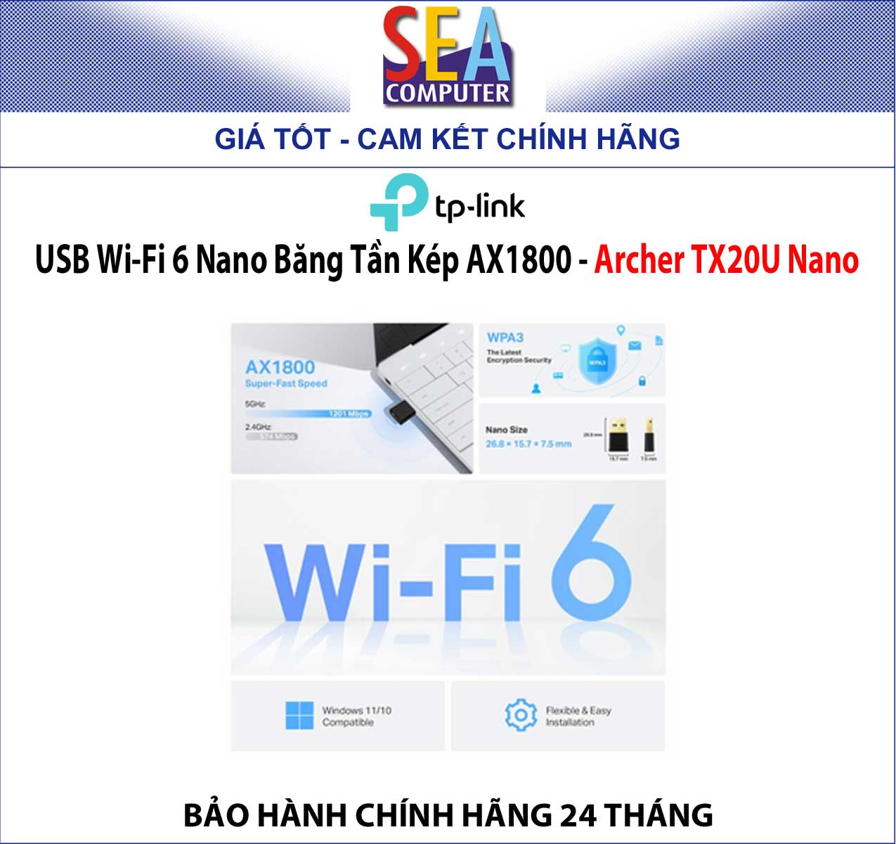 USB Wi-Fi 6 Nano Băng Tần Kép AX1800 - TPLINK Archer TX20U Nano - Ảnh 2